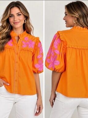 THML Floral Puff Sleeve Blouse in Orange & Pink Size Large